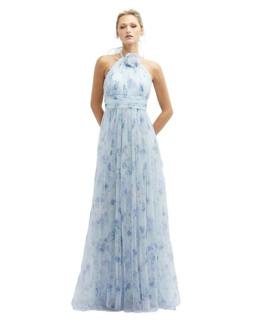 Dessy Collection Blue Floral Tie-back Halter Tulle Dress