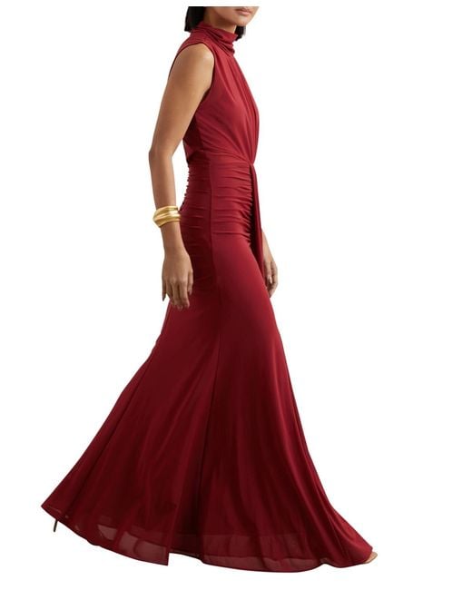 Reiss Red Sheer Ruched Maxi Dress