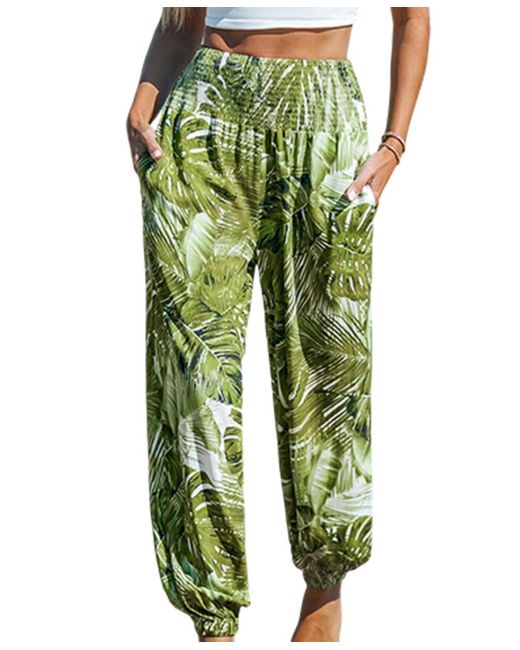 CUPSHE Green Palm Leaf Smocked Waist Tapered Leg Pants