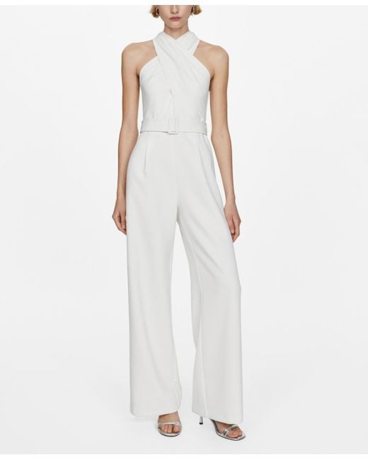 Mango White Belted Crossover Collar Jumpsuit