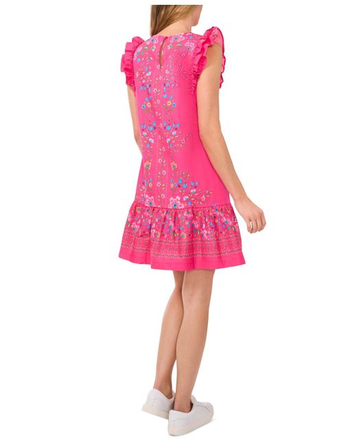 Cece Pink Floral Ruffle-sleeve Flounce-hem Dress