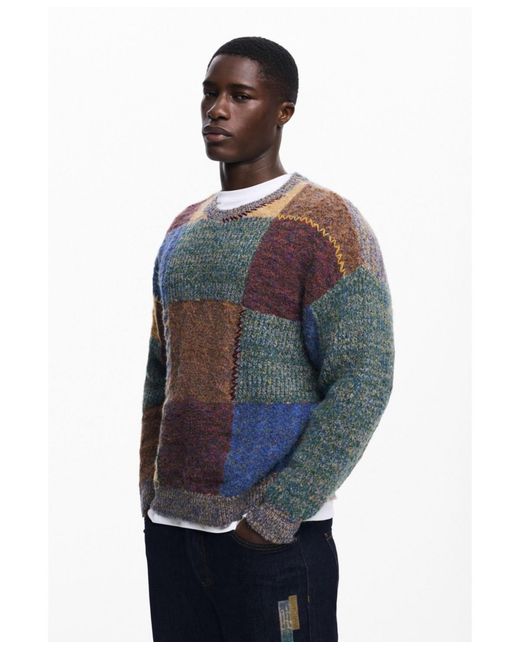 Desigual Blue Thick Patchwork Sweater for men