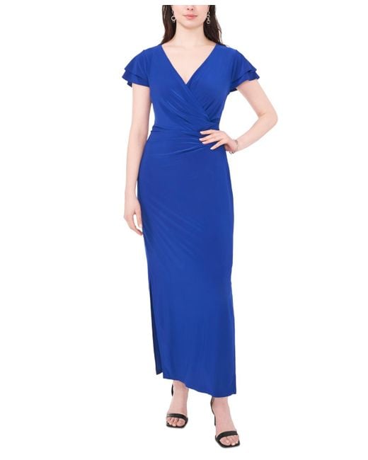 Msk Blue Surplice-neck Ruffle-sleeve Maxi Dress
