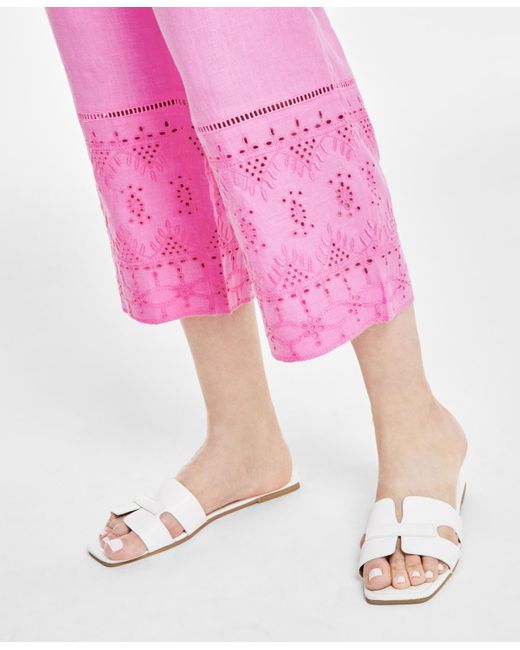 Charter Club Pink 100% Linen Eyelet-trim Pull-on Pants