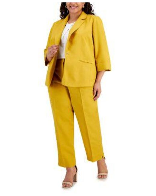Kasper Yellow Plus Size Linen Blend Jacket Twist Neck Top Pants