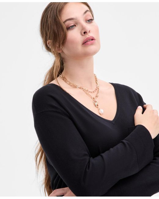 INC International Concepts Black Plus Size V-neck Long-sleeve Tunic
