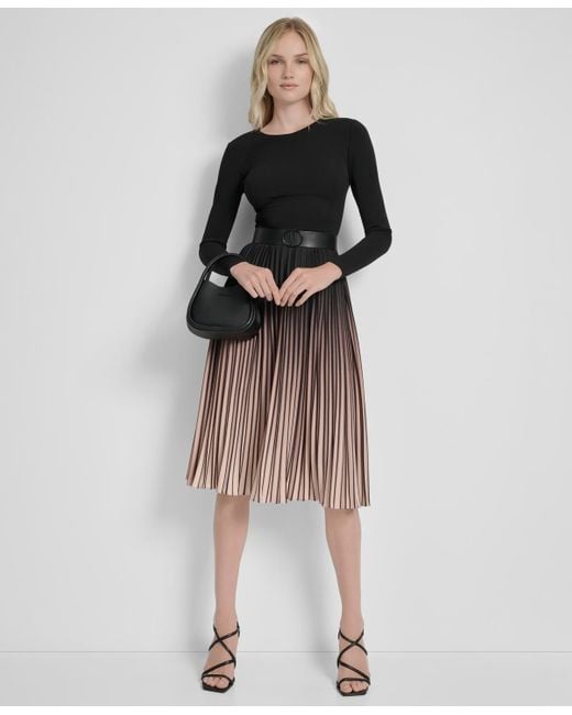 DKNY Multicolor Ombre Sunburst Pleat-skirt Long-sleeve Midi Dress