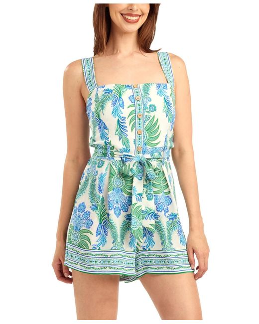 Bcx Blue Poplin Printed Button-front Romper