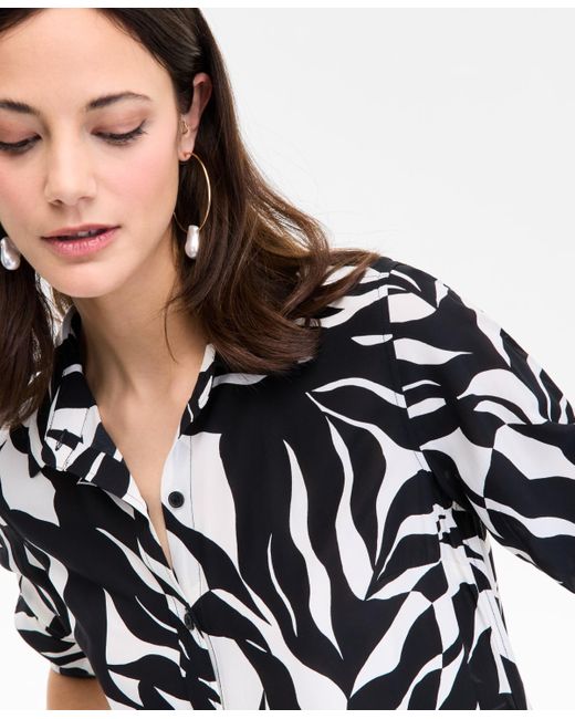 INC International Concepts White Printed Long-sleeve Button-down Shirt