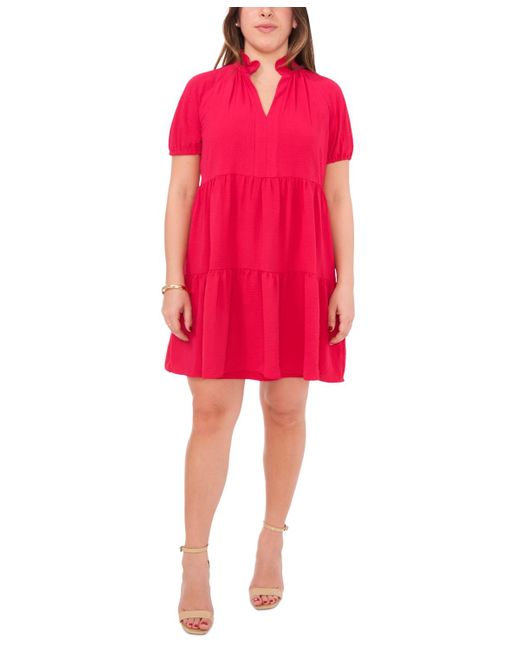 Msk Red Petite Split-neck Elbow-sleeve Babydoll Dress