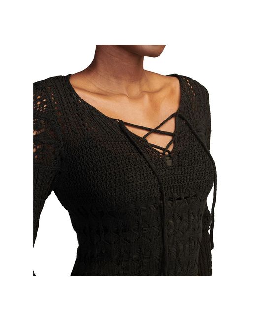 Lucky Brand Black Festival Cotton Long-sleeve Lace-up Crochet Dress