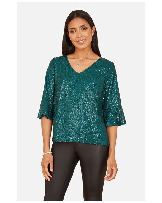 Yumi' Green Fluted Sleeve Sequin Top