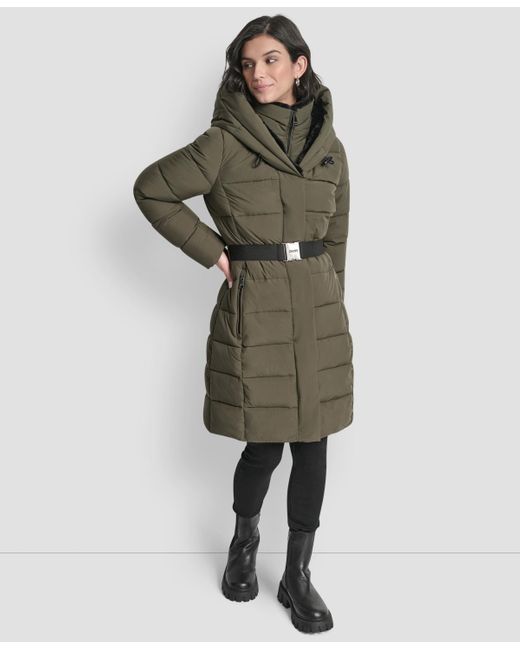 DKNY Green Belted Asymmetrical Zip Front Puffer Coat