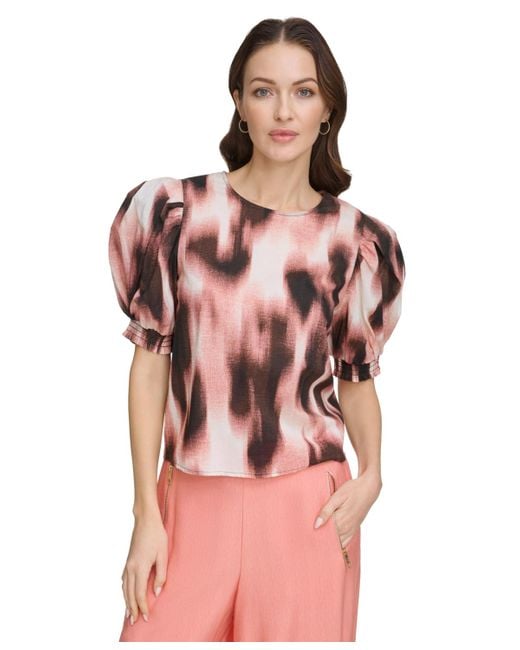 DKNY Pink Voile Printed Puff-shoulder Woven Crewneck Top