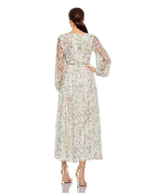 Mac Duggal White Embellished Floral Print Faux Wrap A Line Dress