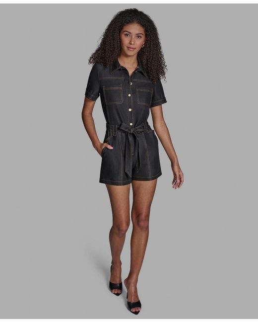 BCBGMAXAZRIA Black Stretch Denim Button-front Closure Romper