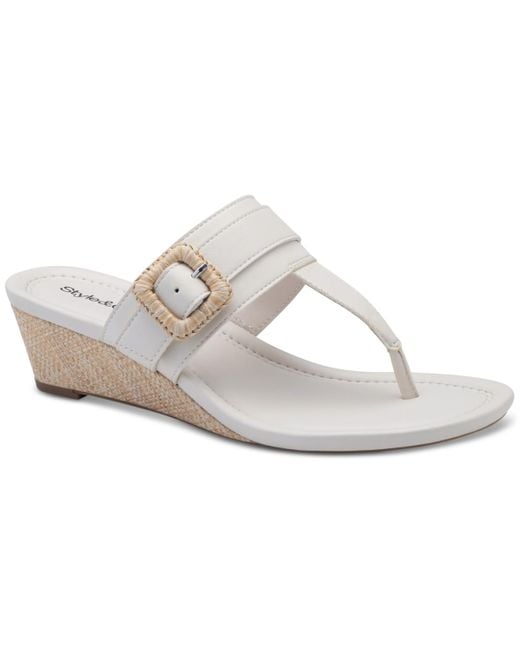 Style & Co. White Polliee Buckled Thong Wedge Sandals