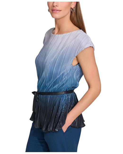 DKNY Blue Petite Plisse Belted Extended-shoulder Top