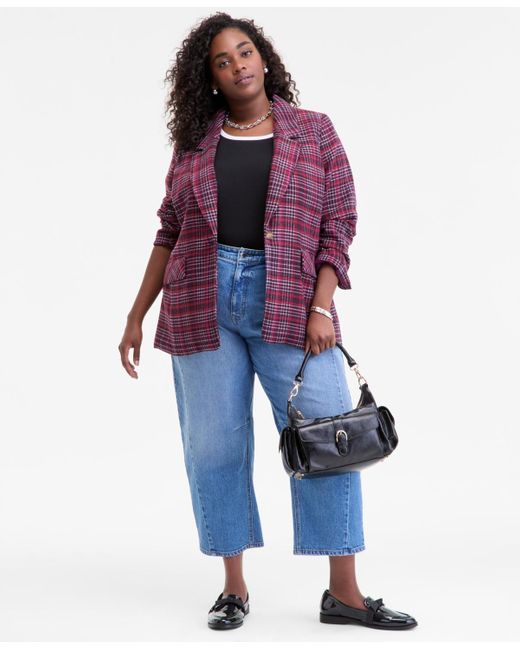 On 34th Purple Trendy Plus Size Plaid Single-button Blazer