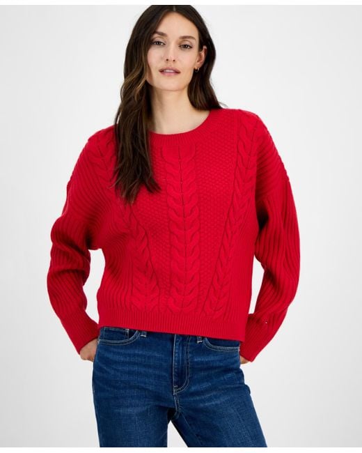 Tommy Hilfiger Women's Red Traveling Cable Sweater