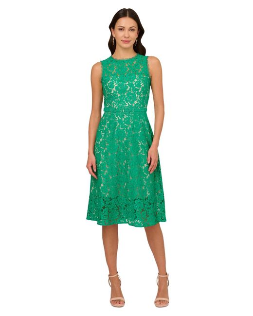 Adrianna Papell Green Knit Lace Flared Dress