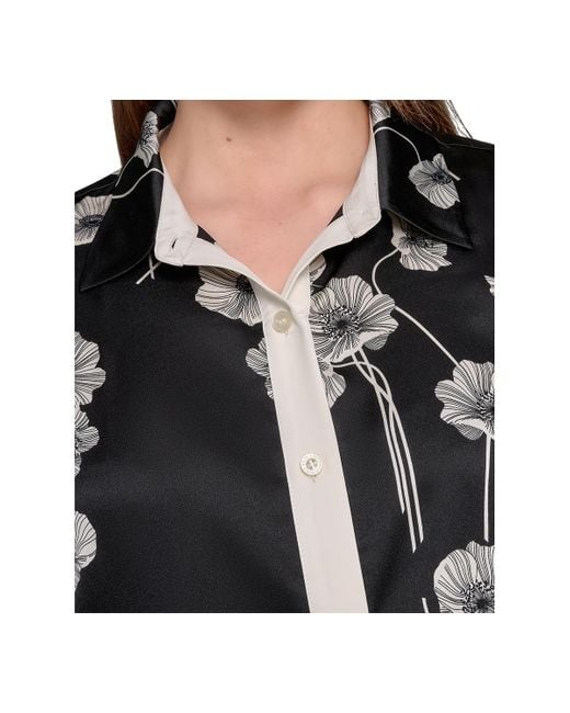 Karl Lagerfeld Black Plus Size Flower-print Button-down Shirt