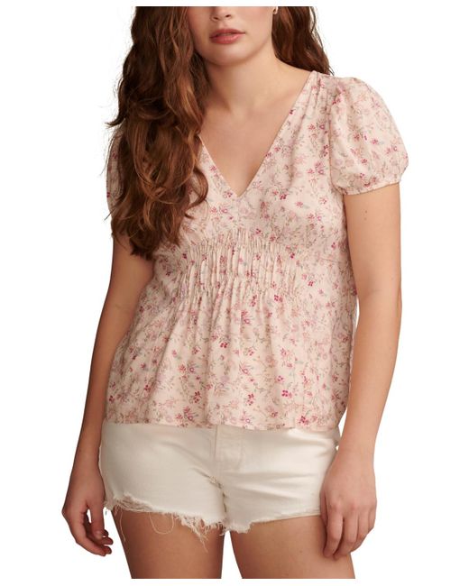 Lucky Brand Brown Floral-print Wide-smocked Short-sleeve Top