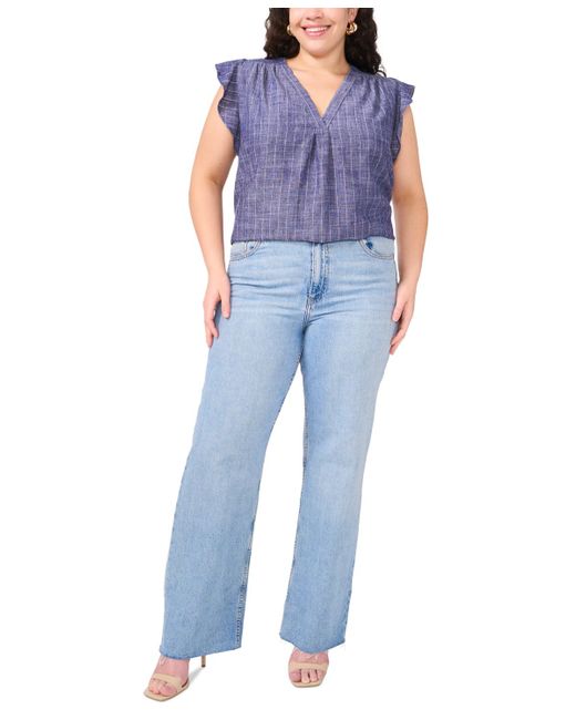 Vince Camuto Blue Plus Size V-neck Ruffle Sleeve Blouse