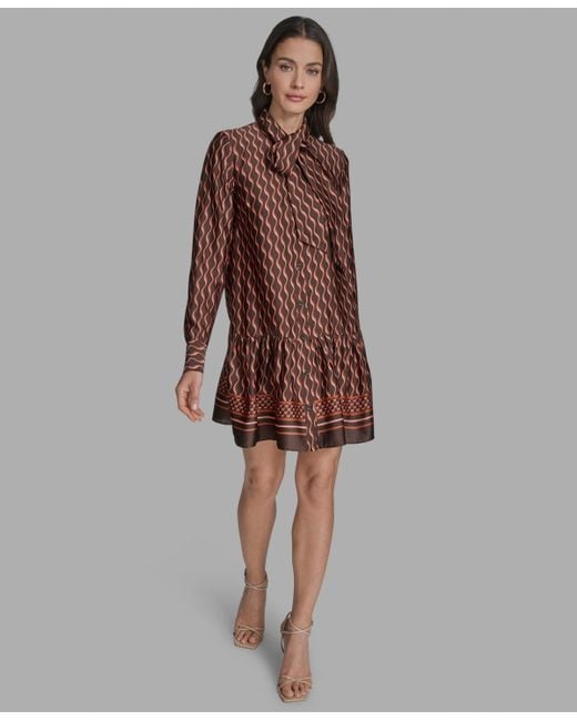 BCBGMAXAZRIA Brown Satin Tie-neck Long-sleeve Shift Dress