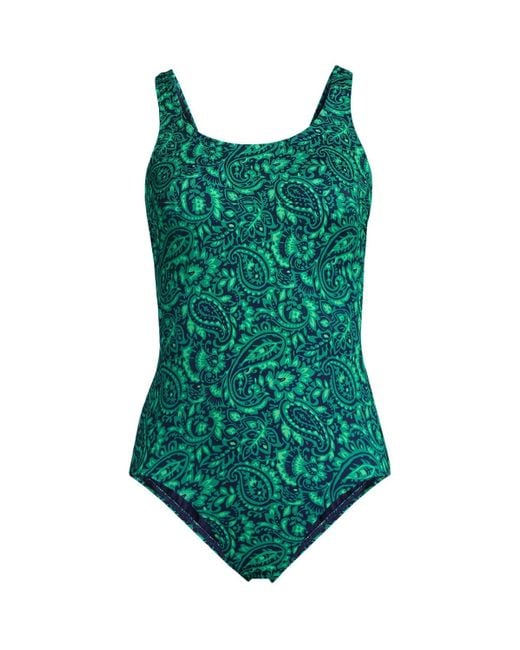 Lands' End Green Chlorine Resistant High Leg Soft Cup Tugless Sporty One Piece Swimsuit
