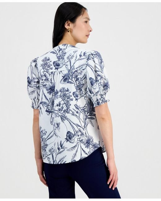 Tahari Blue Printed Split-neck Top