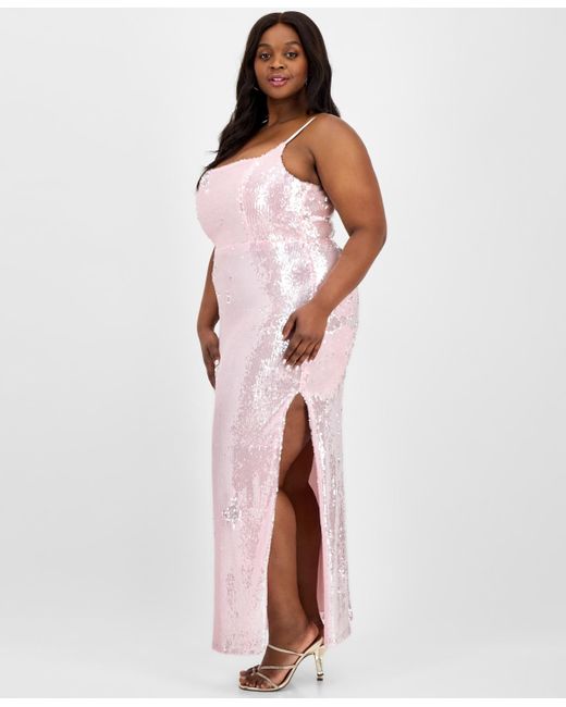 B Darlin Pink Trendy Plus Size Sequin Square-neck Gown