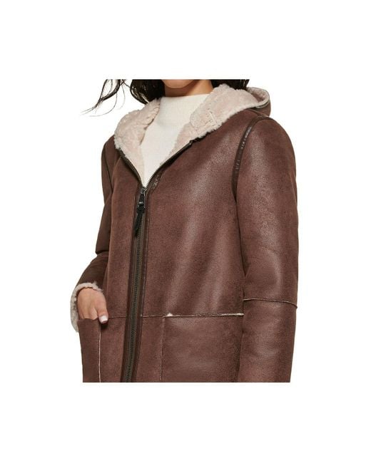 DKNY Hooded Fauxshearling Coat in Brown Lyst