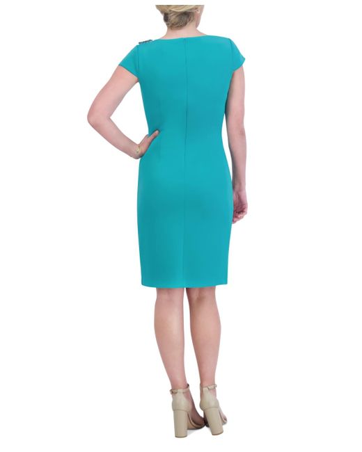 Jessica Howard Blue Asymmetric-neck Embellished-shoulder Dress