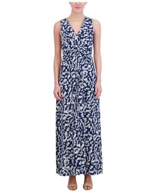 Jessica Howard Blue Petite Printed V-neck Sleeveless Maxi Dress