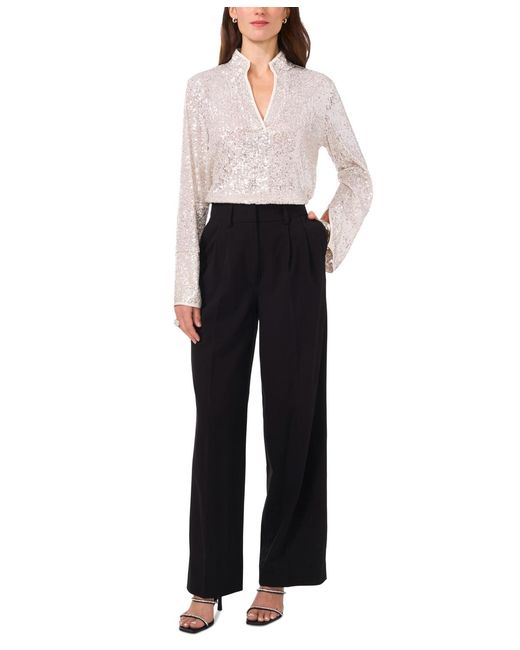 Vince Camuto White Sequined Split-neck Tunic Blouse