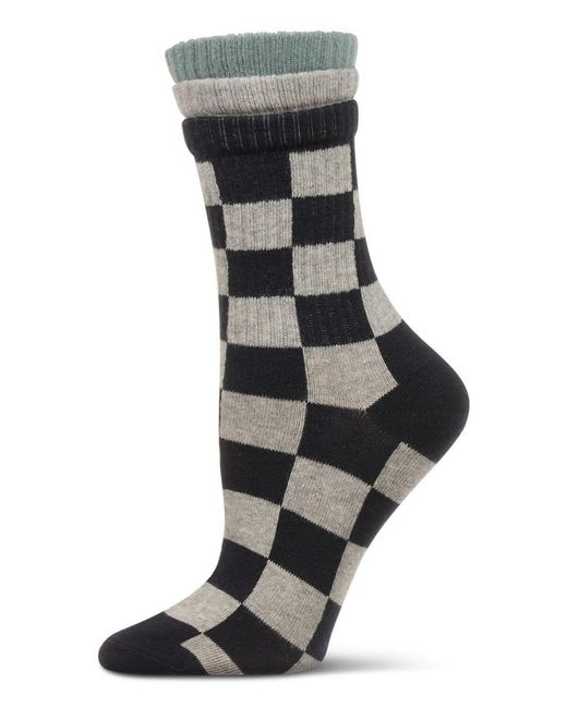 Memoi Black Checkmate Triple Cuff Crew Socks