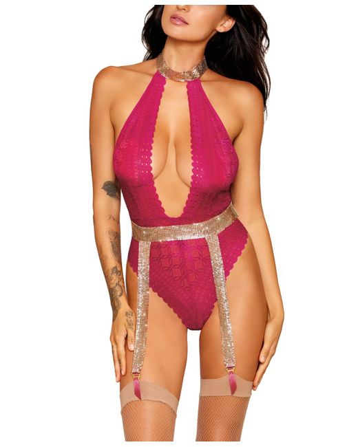 Dreamgirl Red Strech Lace Halter Teddy