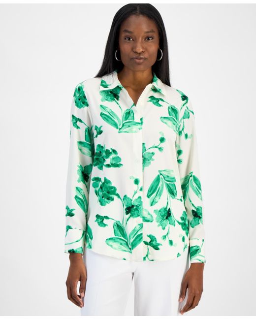 BarIII Green Printed Button-front Blouse