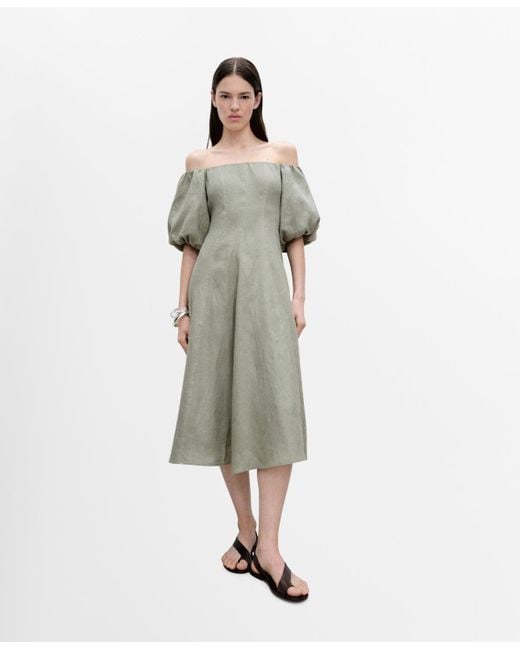 Mango Green Puffed-sleeve Linen Dress