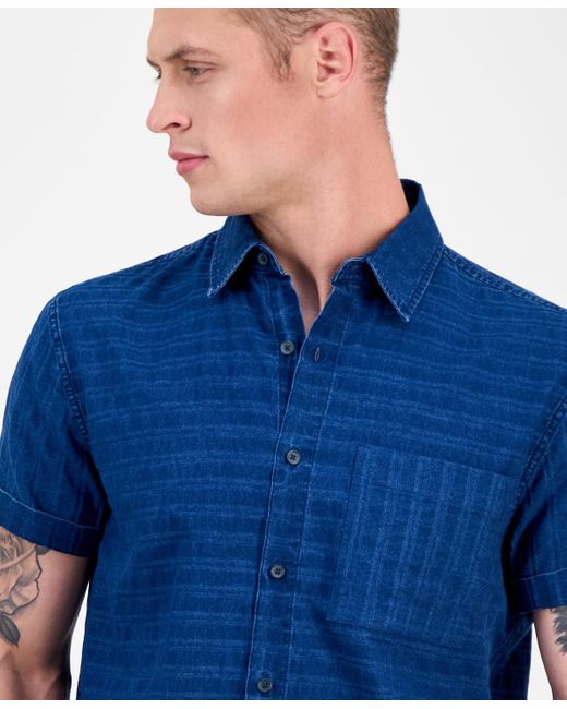 Sun & Stone Blue Sun + Stone Short Sleeve Striped Denim Button-front Shirt for men