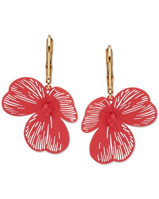Lonna & Lilly Red Gold-tone Open Flower Leverback Drop Earrings