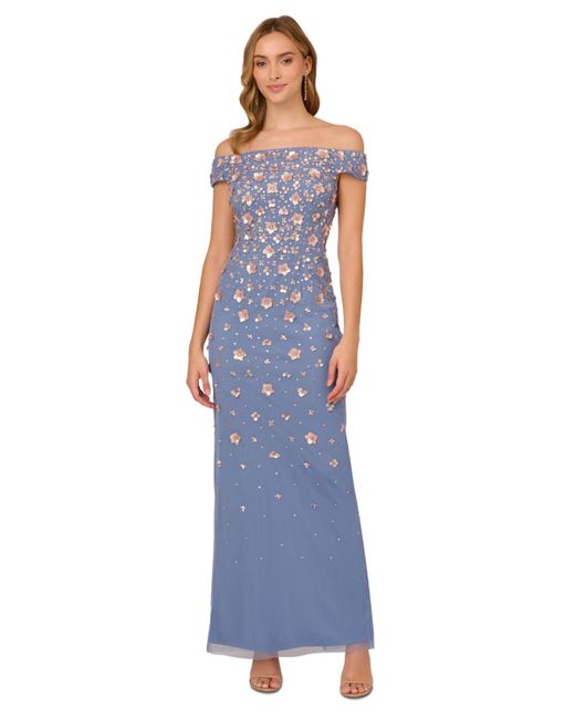 Adrianna Papell Blue Off-the-shoulder 3-d Beaded Gown