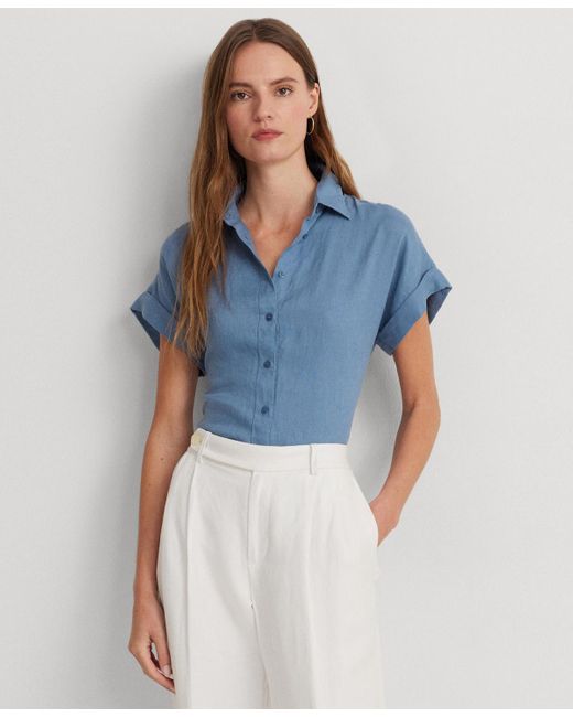 Lauren by Ralph Lauren Blue Dolman-sleeve Linen Shirt