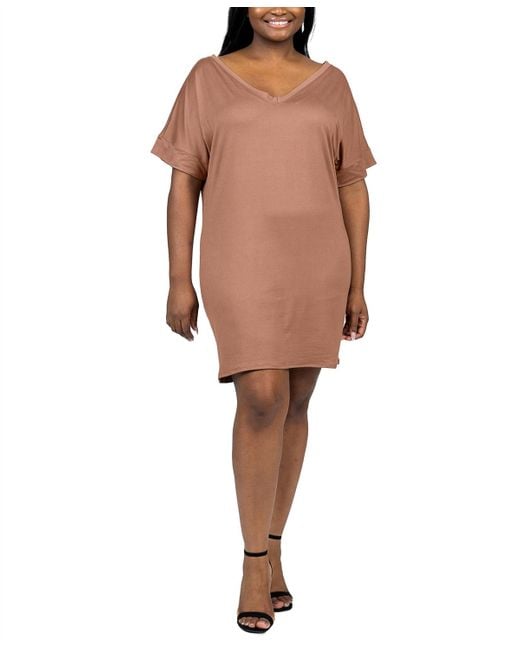 24seven Comfort Apparel Brown Plus Size Loose Fit V-neck T Shirt Dress