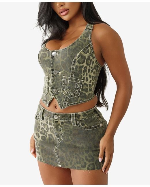 True Religion Green Camo Big T Leopard Halter Top