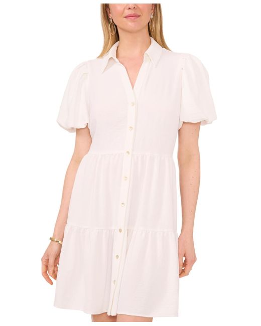 Msk Pink Puff-sleeve Fit & Flare Shirtdress