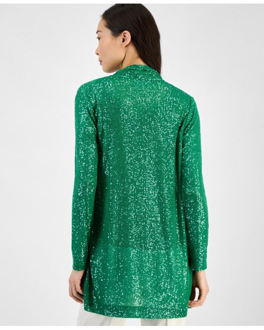 Anne Klein Green Sequin Open-front Long-sleeve Cardigan