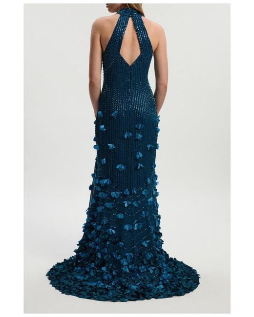 Karen Millen Blue Woven Maxi Rosette Maxi Dress