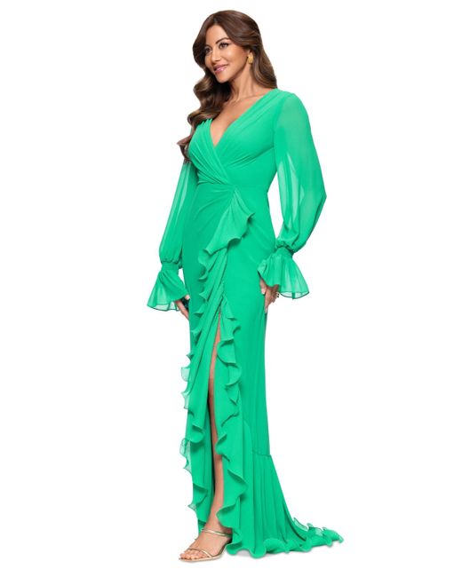 Xscape Green V-neck Ruffle-trim Slit-front Chiffon Gown